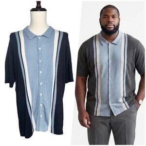 Agave | Men | Blue Stripe Cotton Modal Bowling Button Button Up Polo Shirt | XL